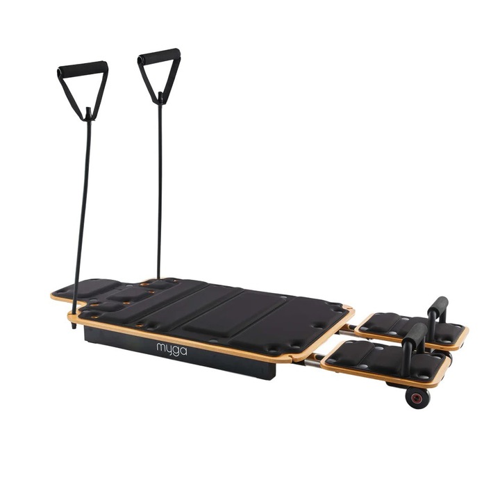 Reformer Pilates, Myga, fából, kompakt, 4 ellenállási szalaggal