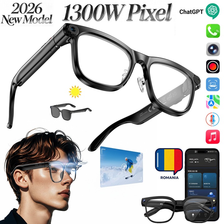Ochelari inteligenti Fain Mioritic®, Inteligenta Artificiala, Lentile fotocromatice, Camera de 13MP, Cu panou de control tactil, Monitorizare in timp real, video, fotografiere, inregistrare audio, Traducere sincrona, Potrivit pentru calatorii/conferinte