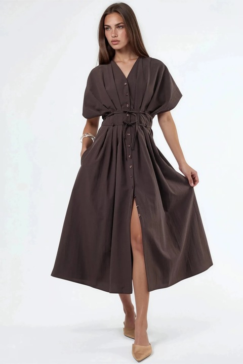 Rochie camasa midi, Busem, decolteu in V, bumbac sdwqfwqi poliester, Maro
