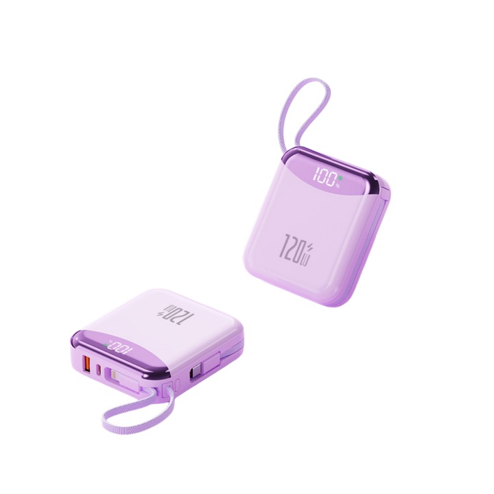 Powerbank beépített gyorstöltő kábellel, kompakt és hordozható, 120 W, 20 000 mAh, intelligens digitális kijelző, négy eszköz egyidejű töltésére alkalmas, 74 × 66 × 24,5 mm, Lila