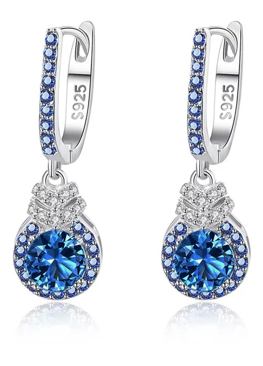 Cercei din Argint eleganti, Rotunzi cu Safir albastru si Cristale Zirconiu, Placati cu Rodiu, Royal Sapphire