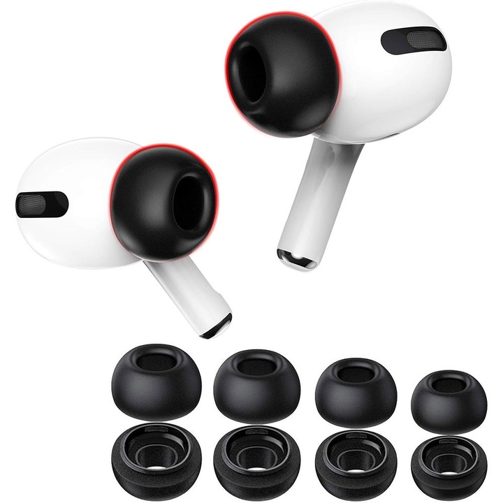 8 db memóriahabos fülbetét készlet, JESWO®, AirPods Pro (1. generáció) és AirPods Pro 2 (2. generáció) készülékekhez, Csere fülpárnák, Zajcsökkentés, XS/S/M/L, Fekete