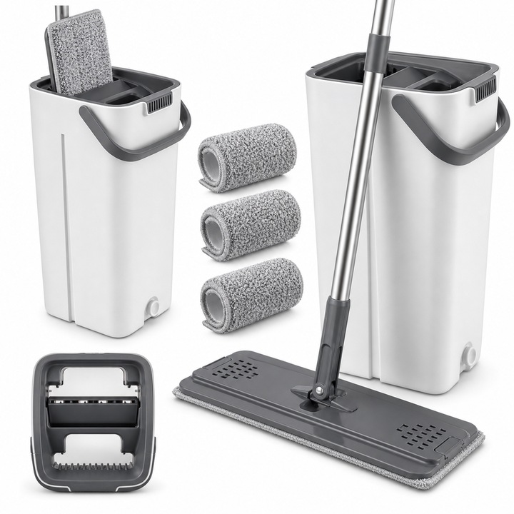 Mop plat cu stoarcere, galeata 8.5L cu 2 compartimente, storcator si 3 rezerve, 123 cm, otel inoxidabil si PP, Alb/Gri