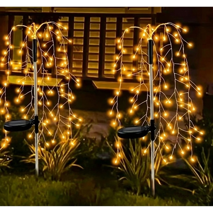 Lampa Solara de Gradina Tip Artificii 200 LED-uri Multicolor, 8 Moduri de Iluminat, Set 1 Bucata, Rezistenta la Apa IP65, Flexibila din Petreceri sau Craciun, Lumina Calda, Senzor de Lumina Automat