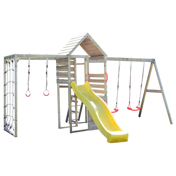 Turn de joaca cu 2 platforme, panou de catarare, tobogan, leagan dublu si modul de gimnastica (M42), Wendi Toys