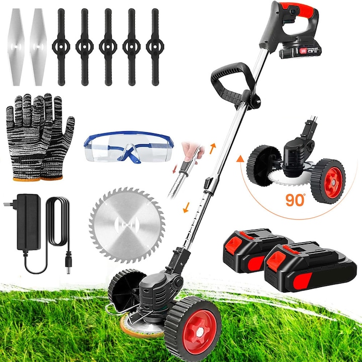 Motocoasa Electrica De Tuns Iarba, 800W, 24V, 10000RPM, lama rotunda de 15cm, Doua baterii litiu cu 5 celule de1300 mAh, zgomot redus, design cu buton dublu, usor de utilizat, Potrivit pentru tunderea gazonului si taierea arbustilor