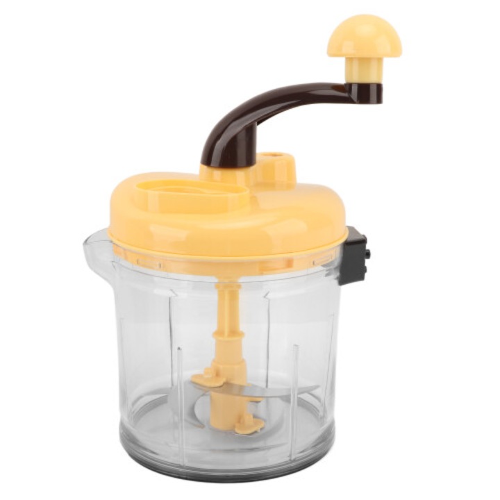 Tocator manual / procesator de alimente, cu lame din otel inoxidabil, cu corp din PP rezistent si manivela manuala, galben/transparent