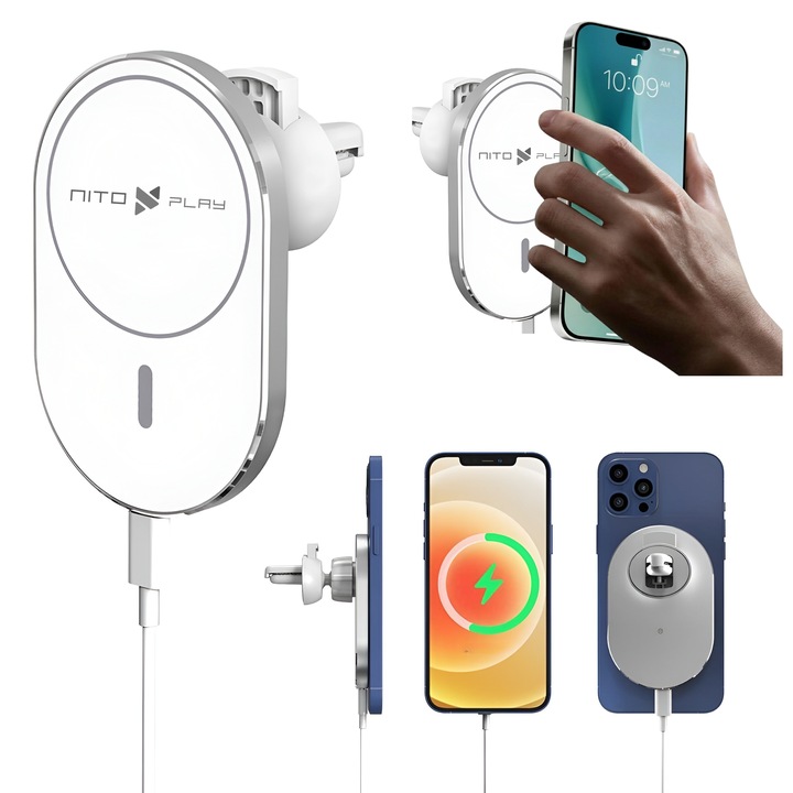NITOPLAY® X16 Fehér Mágneses Vezeték Nélküli Autós Töltő Autóba, Gyors Töltés 15W, MagSafe Kompatibilis, Erős Mágneses Rögzítés, Autós Telefontartó iPhone / Apple készülékekhez, Több Pozíció, Minimalista Design, USB-C, Gyors Töltés