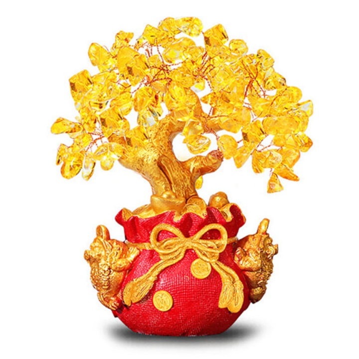 Decoratiune Bonsai Copac Bani Galben Plastic Rasina