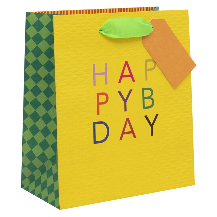 Punga cadou - Happy B-Day - Galben, Cu model, 22.5 x 20 cm