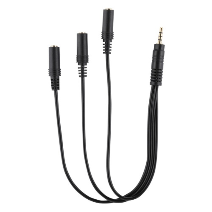 Cablu splitter audio stereo 3.5mm, 1 la 3 iesiri, placat cu aur, negru, compact