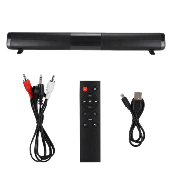 Soundbar portabil, subwoofer integrat, Bluetooth 5.0, negru, 45x7x6cm