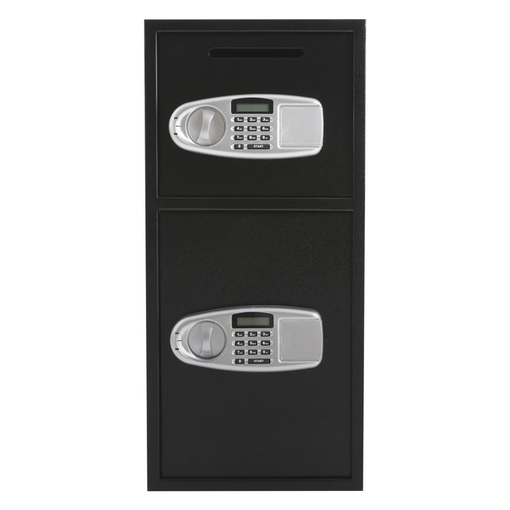 Seif, Digital cu Usi Duble, Dimensiune 80×40×40 cm, Doua Compartimente, Patru Chei, Cod & Cheie, Montaj pe Perete/Independent, Otel, Negru
