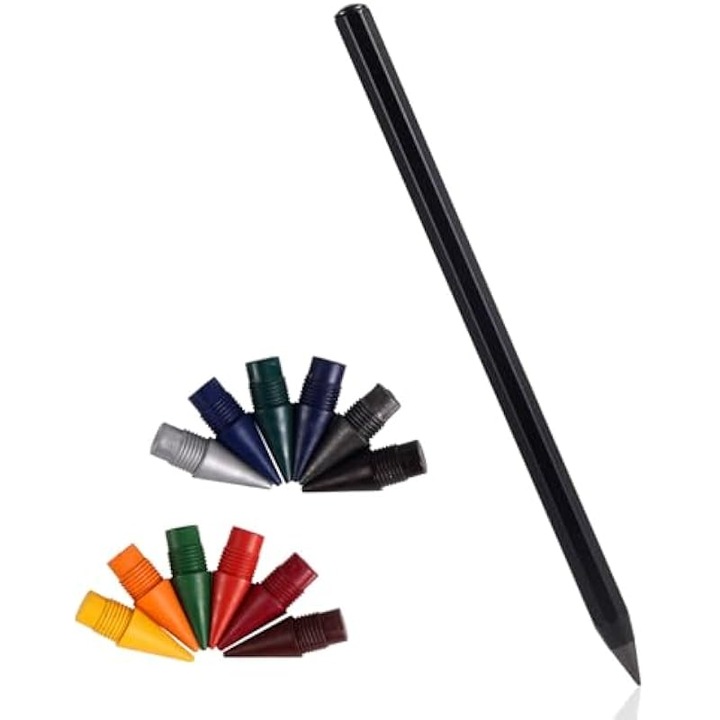 Fém ceruza, 12 színes heggyel, tinta nélkül, újrafelhasználható, 14 darabos