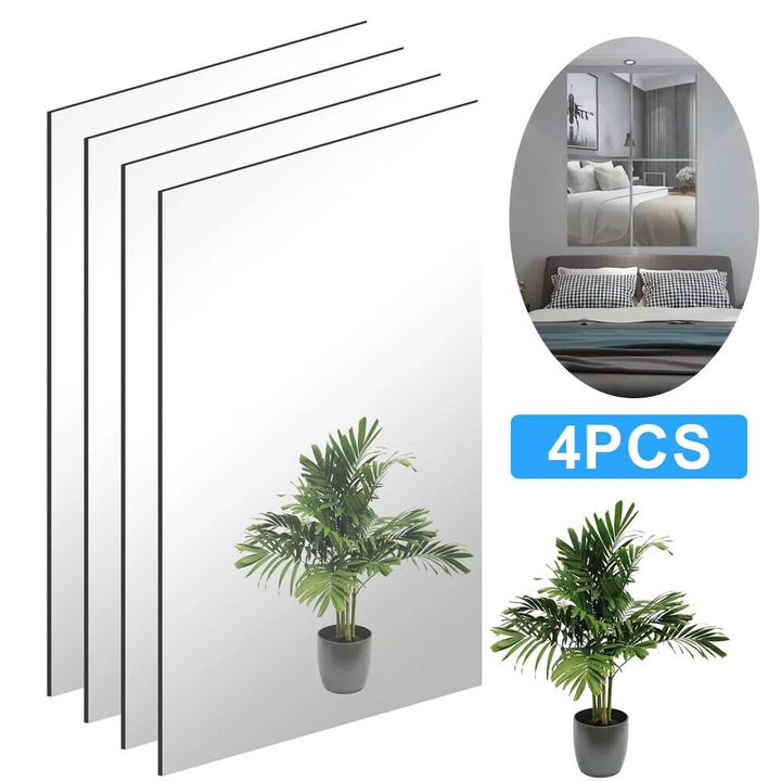 Bedee, pachet de 4 placi de oglinda de perete din sticla, 15, 7 x 11, 8 inci, placi de oglinda de inalta definitie autoadezive, fara rama, potrivite pentru decorarea peretilor in bai, dormitoare, camere de zi si holuri