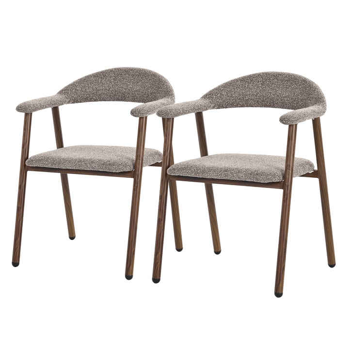 Set 2 scaune dining ML-Design, cu brate si spatar tapitat maro, scaune bucatarie si living, picioare din otel cu efect de lemn, fotolii ergonomice, design modern, piesa de mobilier pentru sufragerie si zona de luat masa, asamblare simpla si rapida