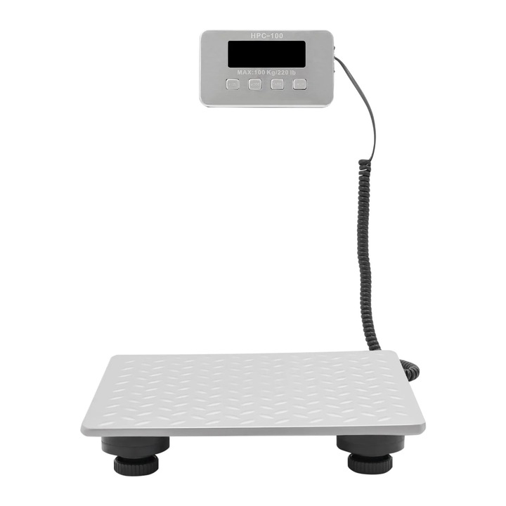 Дигитална пощенска везна, Настолна везна, Макс. 100 кг, Платформа 30×30 см, LED дисплей, Полирана неръждаема стомана 201, Акумулаторна батерия 1200 mAh/110–220 V, Сребрист