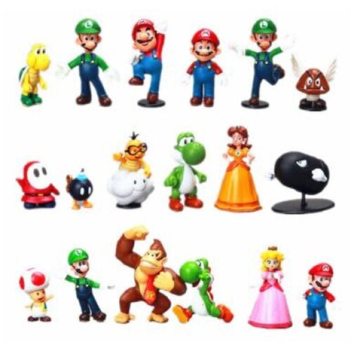 Комплект от 18 фигурки Super Mario, твърда пластмаса, 3-7 см, многоцветни