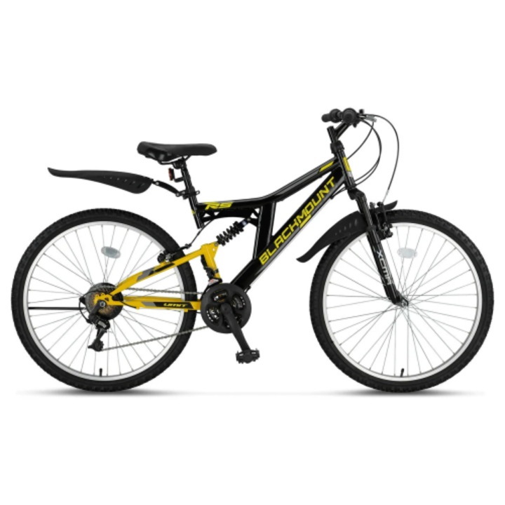 Велосипед MTB Umit BLACKMOUNT, пълно окачване, V-образни спирачки, 21 скорости, 26" колело, стоманена рамка, черен/жълт