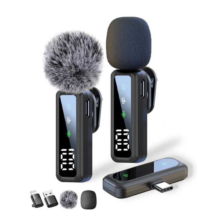 Микрофон тип брошка с шумопотискане, съвместим с iPhone/Android/PC, 2.4GHz, 6 часа автономност, за стрийминг, влог и интервюта – комплект 2 бр.