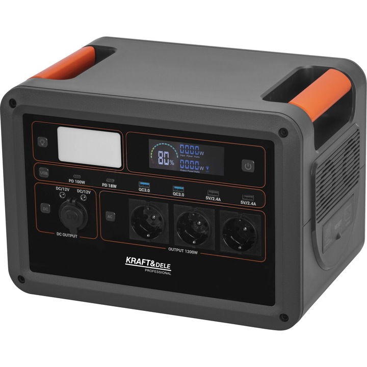 Statie de alimentare portabila, lanterna incorporata, 230V, 1152Wh / 25, 6V, 2000 W, 12V, USB, DC, Kraft