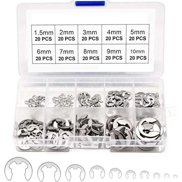 Kit 200 buc inele E-Clip inox, dimensiuni M1.5-M10, diverse marimi