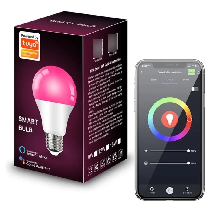 E27 intelligens LED izzó, többszínű, 2500K-6500K, szabályozható intenzitás, 9W, Alexa és Google kompatibilis, hangvezérlés (1 darabos csomag)