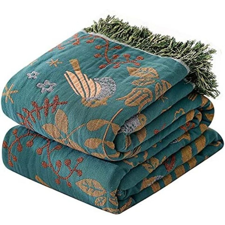 Patura/sal din bumbac organic, reversibila jacquard cu imprimeu floral, usoara si respirabila, Verde, 200 x 230 cm