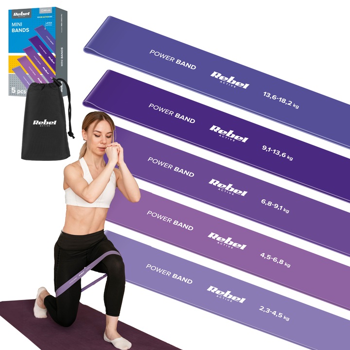 Set de 5 benzi de exercitii de reabilitare a benzii de fitness Rebel