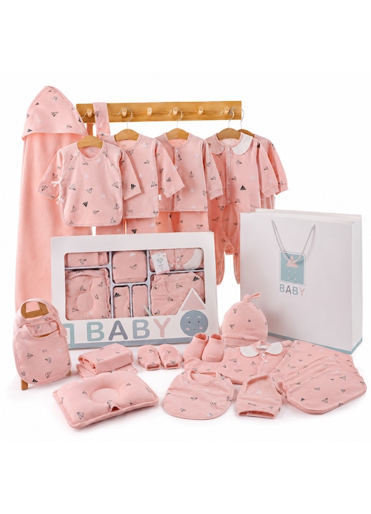 Set Cadou Nou Nascut 22 Piese Bumbac 100% Pentru Bebelusi Baieti, Haine Moale Si Confortabile Cu Maneca Lunga, Design Cu Avioane Hartie, Cutie Premium Cu Maner, Pentru Toate Anotimpurile, Baby Shower, OMYA, Culoare Roz