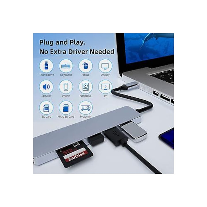 Хъб Type-C 6 в 1, USB 3.0x3, четец за карти SD/TF, HDMI, черен