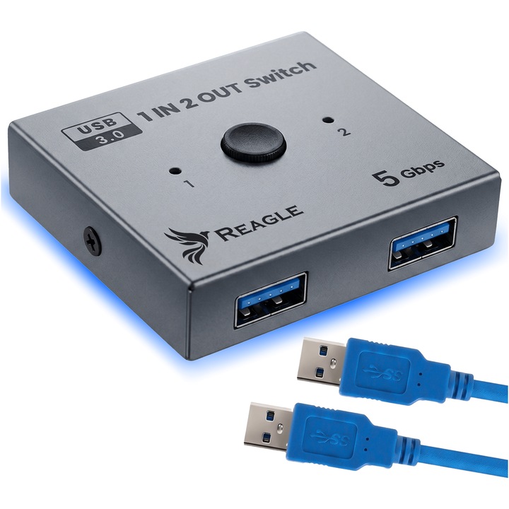 Switch USB Reagle KVM A/B 1x2 és 2x1 - USB 3.2 Gen 1 5Gbps - Kétirányú kapcsoló 2 számítógéphez vagy 2 USB eszközhöz - LED jelzőfény - Plug and Play - Alumínium ház - USB kábel mellékelve