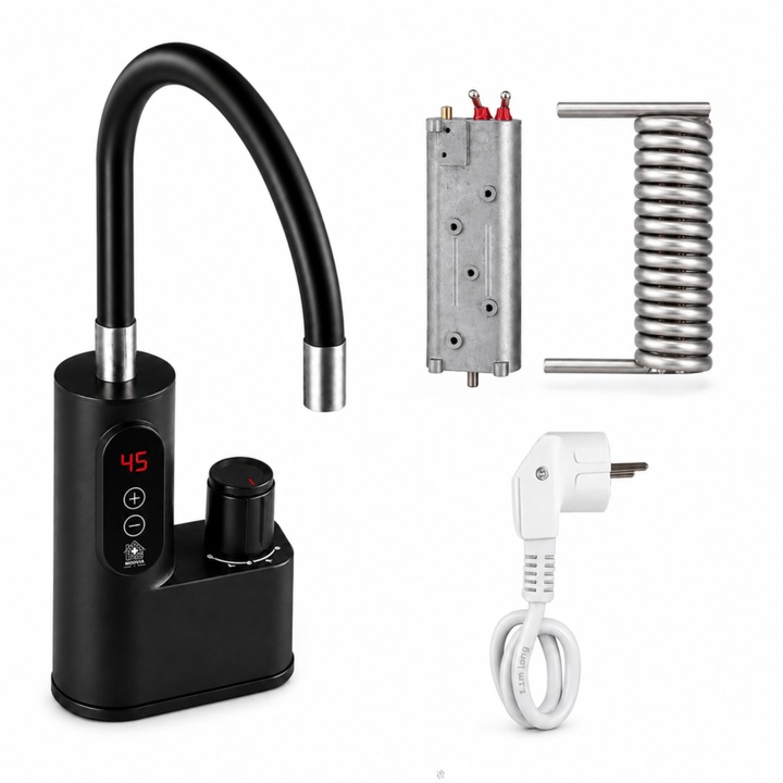 Robinet Electric Instant MODVIA, Apa Calda in 3 Secunde, Afisaj Digital LED, Temperatura Reglabila 30-50°C, Putere 3400W, Control Tactil, Teava Flexibila, Protectie IPX4, Rotire 360°, Design Modern Compact, Ideal pentru Bucatarie si Baie, Negru