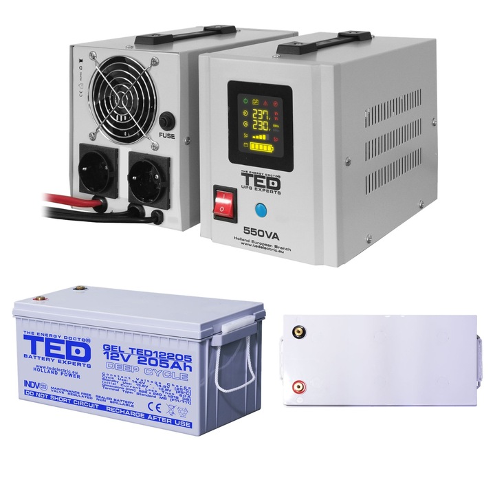 Pachet UPS cu Acumulator Extern Inclus GEL Deep Cycle 12V 205Ah, Unda Sinusoidala Pura cu 2 Iesiri Schuko 550VA 300W si Display, TED Electric