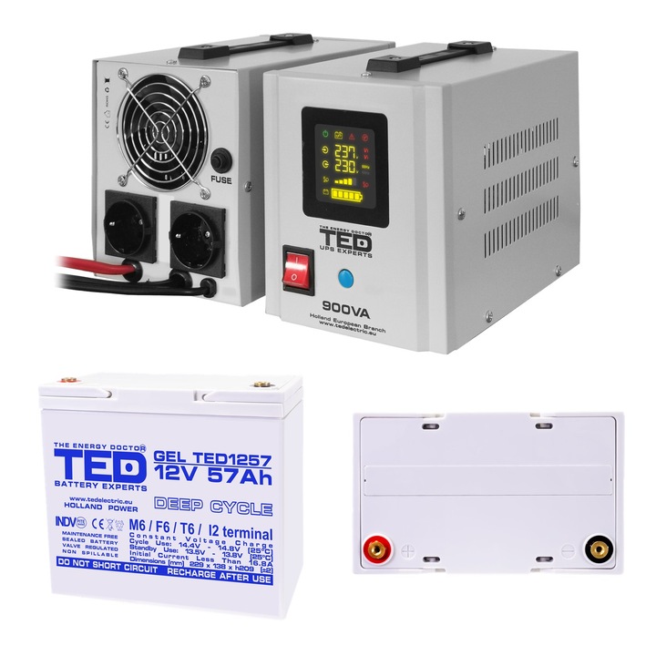 Pachet UPS cu Acumulator Extern Inclus GEL Deep Cycle 12V 57Ah, Unda Sinusoidala Pura cu 2 Iesiri Schuko 900VA 500W si Display, TED Electric