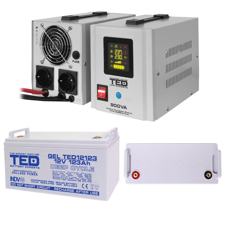 Pachet UPS cu Acumulator Extern Inclus GEL Deep Cycle 12V 123Ah, Unda Sinusoidala Pura cu 2 Iesiri Schuko 900VA 500W si Display, TED Electric