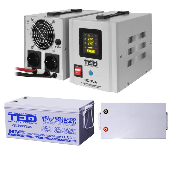 Pachet UPS cu Acumulator Extern Inclus GEL Deep Cycle 12V 260Ah, Unda Sinusoidala Pura cu 2 Iesiri Schuko 900VA 500W si Display, TED Electric