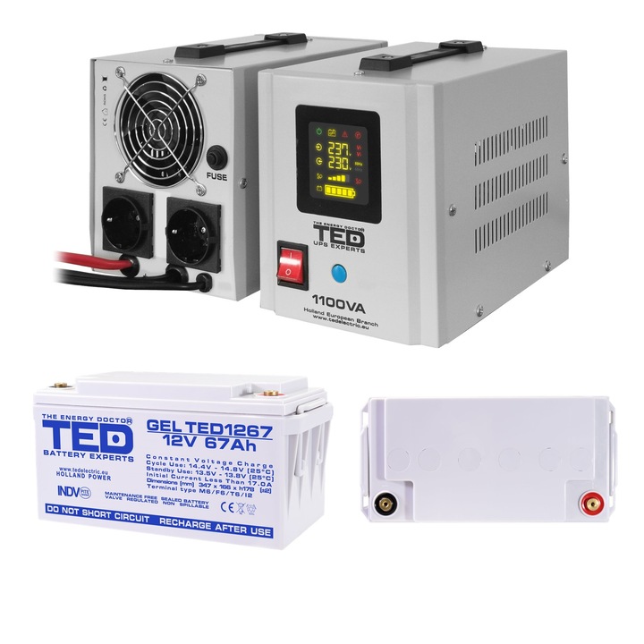 Pachet UPS cu Acumulator Extern Inclus GEL Deep Cycle 12V 67Ah, Unda Sinusoidala Pura cu 2 Iesiri Schuko 1100VA 700W si Display, TED Electric