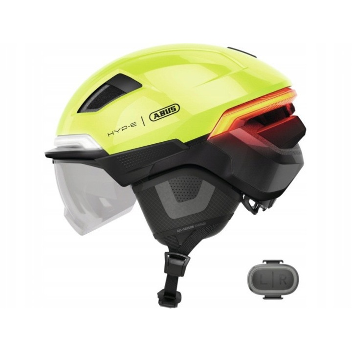 Abus Hyp-e BL kerékpáros sisak, sárga-fekete, 54-58cm, integrált világítással