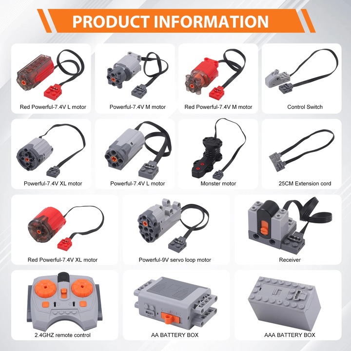Set motoare pentru piese tehnice tip Power Functions, kit motor 14 piese, servomotoare, cutie baterie litiu, receptor telecomanda 2, 4G, plastic