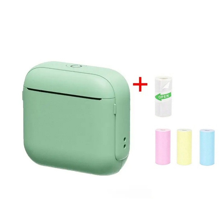 ORBER mini kompakt Bluetooth hőnyomtató, zöld, 1 öntapadós tekercs + 3 háromszínű papírtekercs, 85x35x80mm