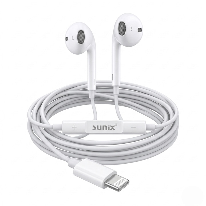 Casti Cu Fir Lightning Sunix M50, Microfon MEMS cu Reducere Zgomot, Sunet Clar, Compatibil iPhone, iPad, Control Pe Cablu, Design Ergonomic, Convorbiri Fara Interferente, Alb