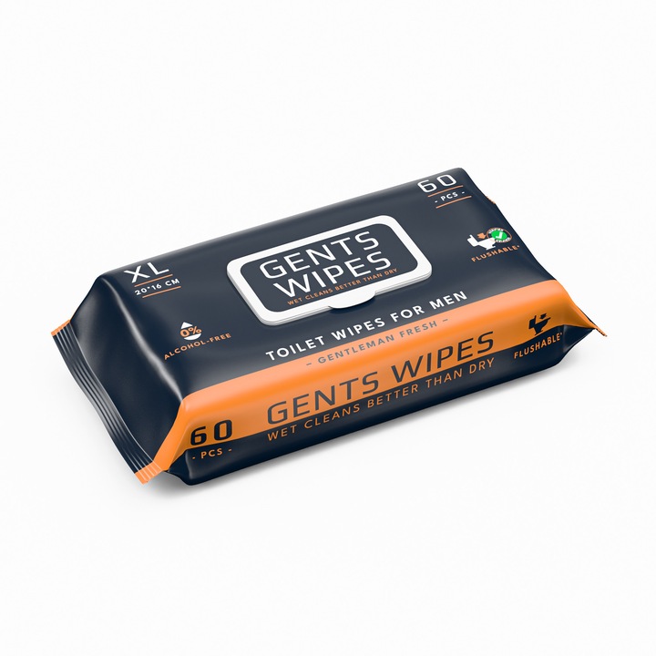 GENTS WIPES Servetele Umede XL (20x16 cm), Biodegradabile, Flushable, Gentleman Fresh, 60 buc