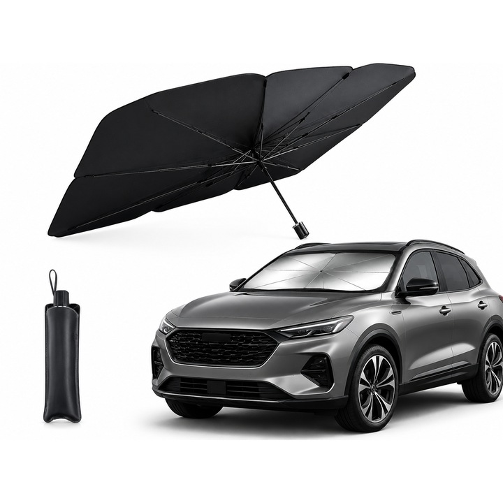 Umbrela parasolara auto pliabila pentru parbriz, protectie UV si izolare termica, deschidere rapida tip umbrela, husa inclusa, compatibilitate universala
