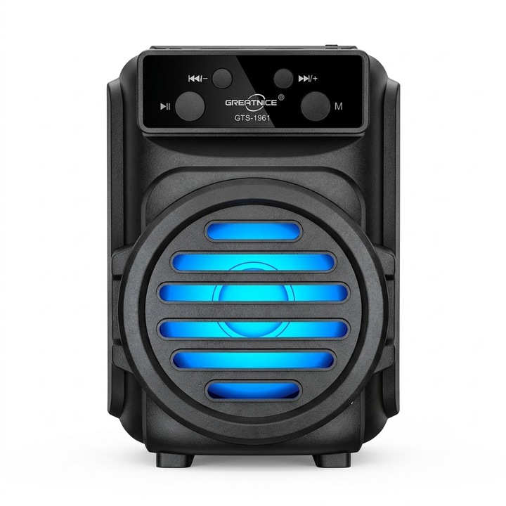 Boxa Bluetooth portabila Elworld GTS-1961 Mini, utilizare in exterior si interior, Bluetooth 5.3, suport USB/TF/Micro USB/MIC/AUX, lumini LED RGB