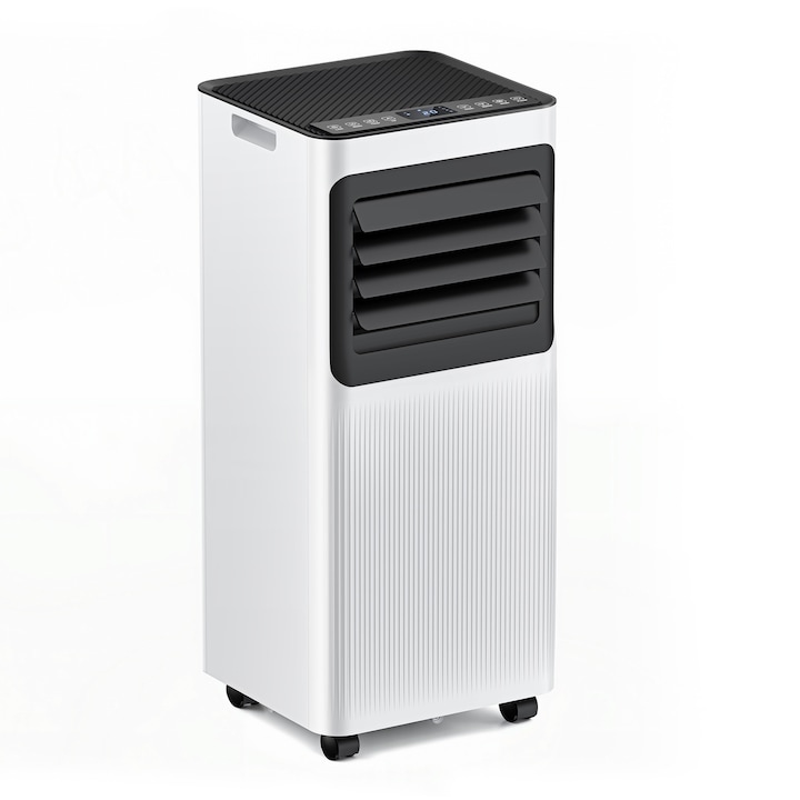 Aparat de aer conditionat vertical ORBER cu roti, Alb-Negru, putere de racire: 9000 BTU/h, 30 m², cu moduri de racire, dezumidificare, ventilatie si somn, 2 trepte de viteza a ventilatorului, cu afisaj LED si telecomanda, zgomot redus