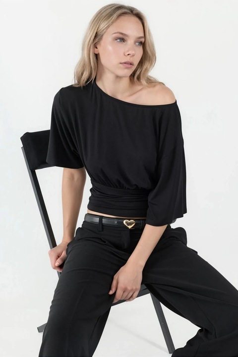 Bluza dama, HiCCUP, tricotata, guler asimetric, negru, viscoza-elastan