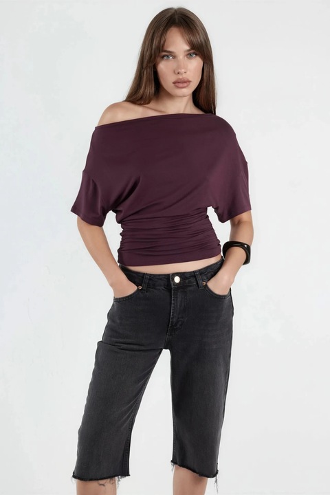 Tricou dama, HiCCUP, top tricotat scurt, guler asimetric, mov ametist, material usor