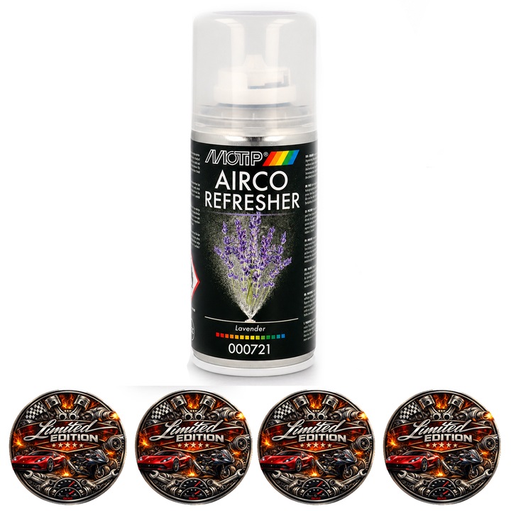 Spray Reimprospatare Aer Conditionat MOTIP Airco Refresher Lavender, Parfum Lavanda, pentru Sistem A/C si Ventilatie Auto, Aplicare One Shot, 150 ml, 4x Stickere auto