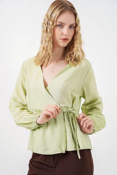 Bluza dama, Big Dart, wrap cu decolteu in V, verde, crep